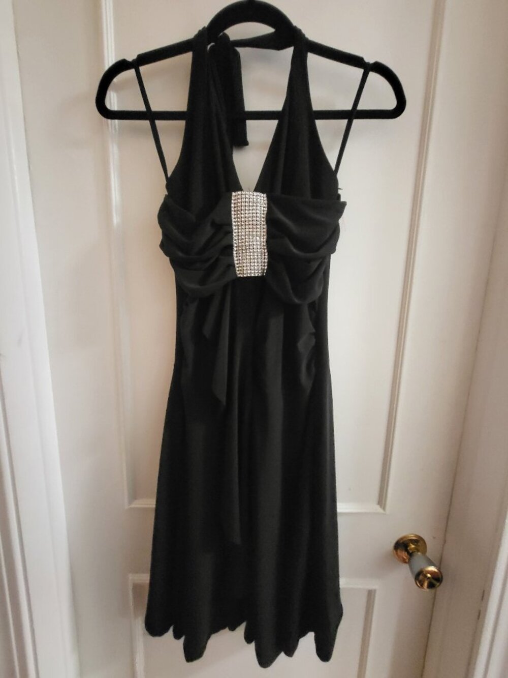 NWT Black Halter Formal Cocktail Dress with Rhinestone Brooch